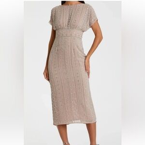 NEW Mac Duggal Beige Beaded Cap Sleeve Empire Waist Sheath Midi Dress